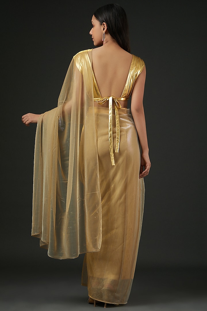Golden Shimmer Pre-stitched Party Wear Saree Set by Vedika Soni at Pernia's Pop Up Shop