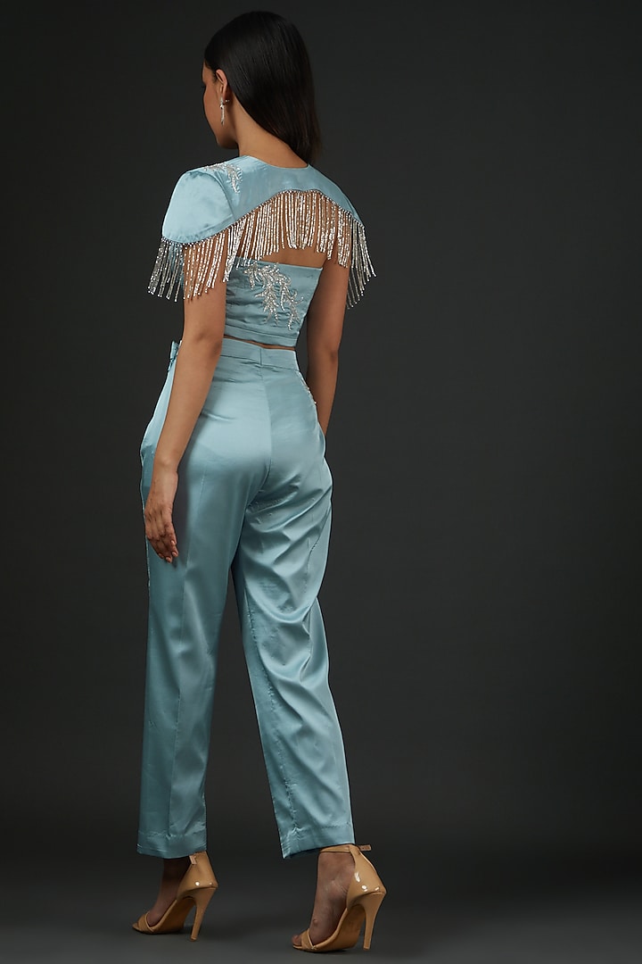 Ice Blue Satin Embroidered Co-Ord Set by Vedika Soni at Pernia's Pop Up Shop
