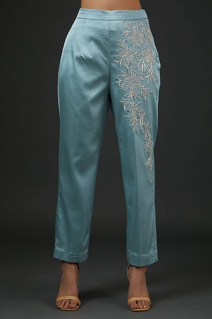Ice Blue Satin Embroidered Co-Ord Set by Vedika Soni at Pernia's Pop Up Shop