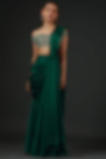 Emerald Green Satin Draped Saree Set by Vedika Soni