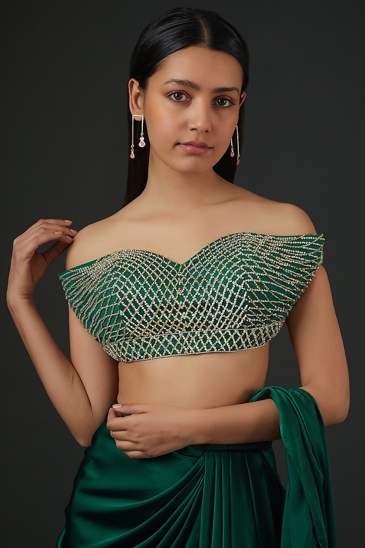 Emerald Green Satin Draped Wedding Saree Set by Vedika Soni at Pernia's Pop Up Shop