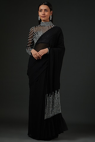 Black Georgette Cutdana Embroidered Pre-Stitched Saree Set by Vedika Soni
