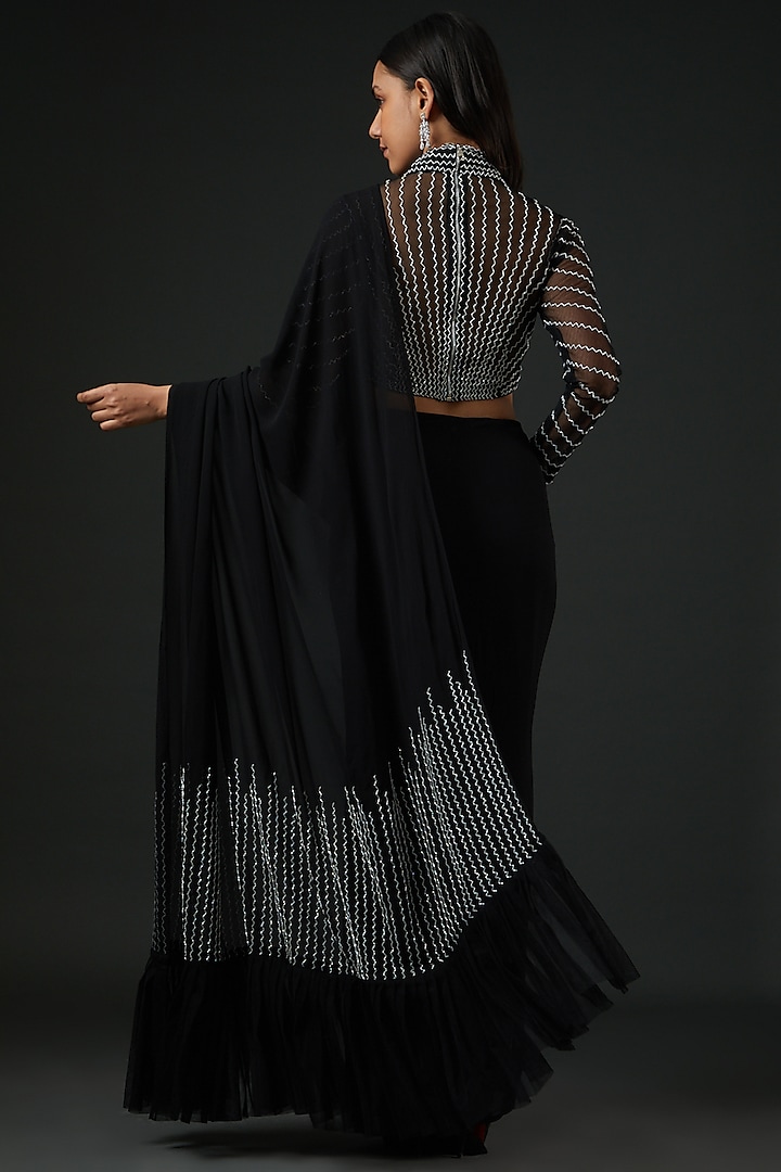 Black Georgette Cutdana Embroidered Pre-Stitched Wedding Saree Set by Vedika Soni at Pernia's Pop Up Shop