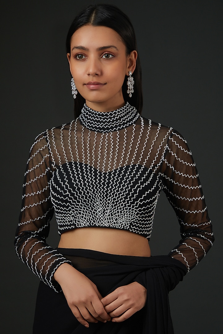 Black Georgette Cutdana Embroidered Pre-Stitched Wedding Saree Set by Vedika Soni at Pernia's Pop Up Shop