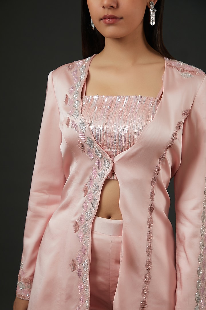 Pink Satin Embroidered Co-Ord Set by Vedika Soni at Pernia's Pop Up Shop