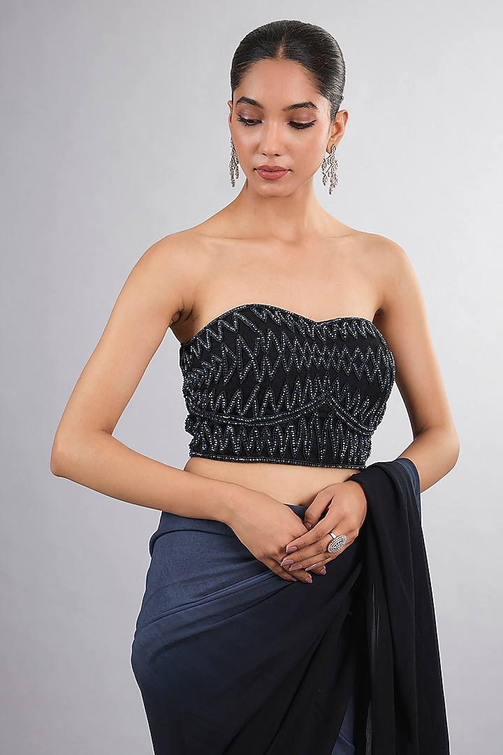 Black Georgette & Net Ombre Party Wear Saree Set by Vedika Soni at Pernia's Pop Up Shop