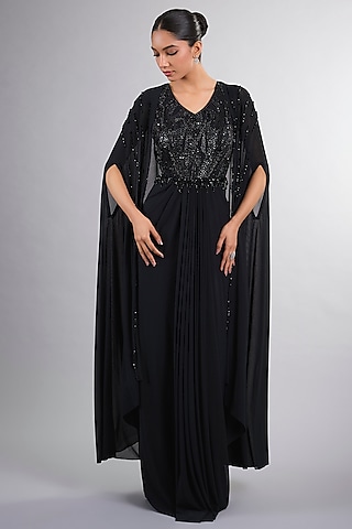 Black Net & Georgette Hand Embroidered Gown With Cape by Vedika Soni