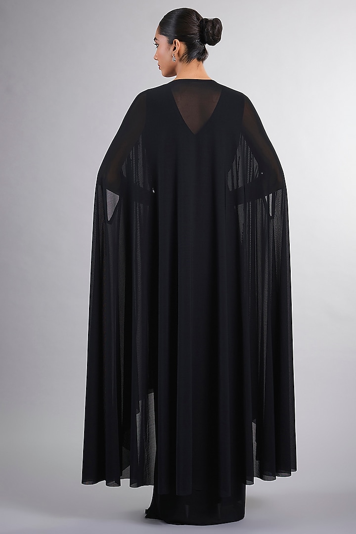 Black Net & Georgette Hand Embroidered Engagement Gown With Cape by Vedika Soni at Pernia's Pop Up Shop