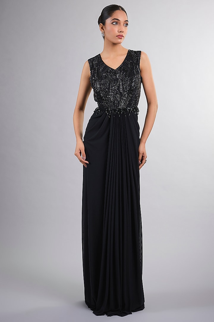 Black Net & Georgette Hand Embroidered Engagement Gown With Cape by Vedika Soni at Pernia's Pop Up Shop