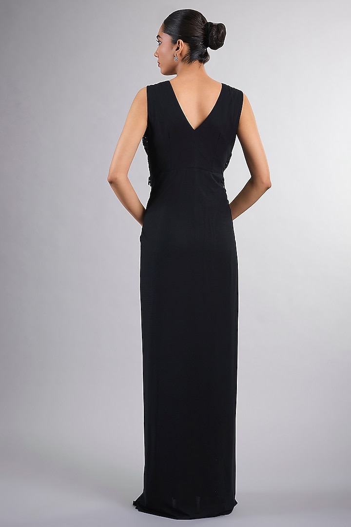 Black Net & Georgette Hand Embroidered Engagement Gown With Cape by Vedika Soni at Pernia's Pop Up Shop