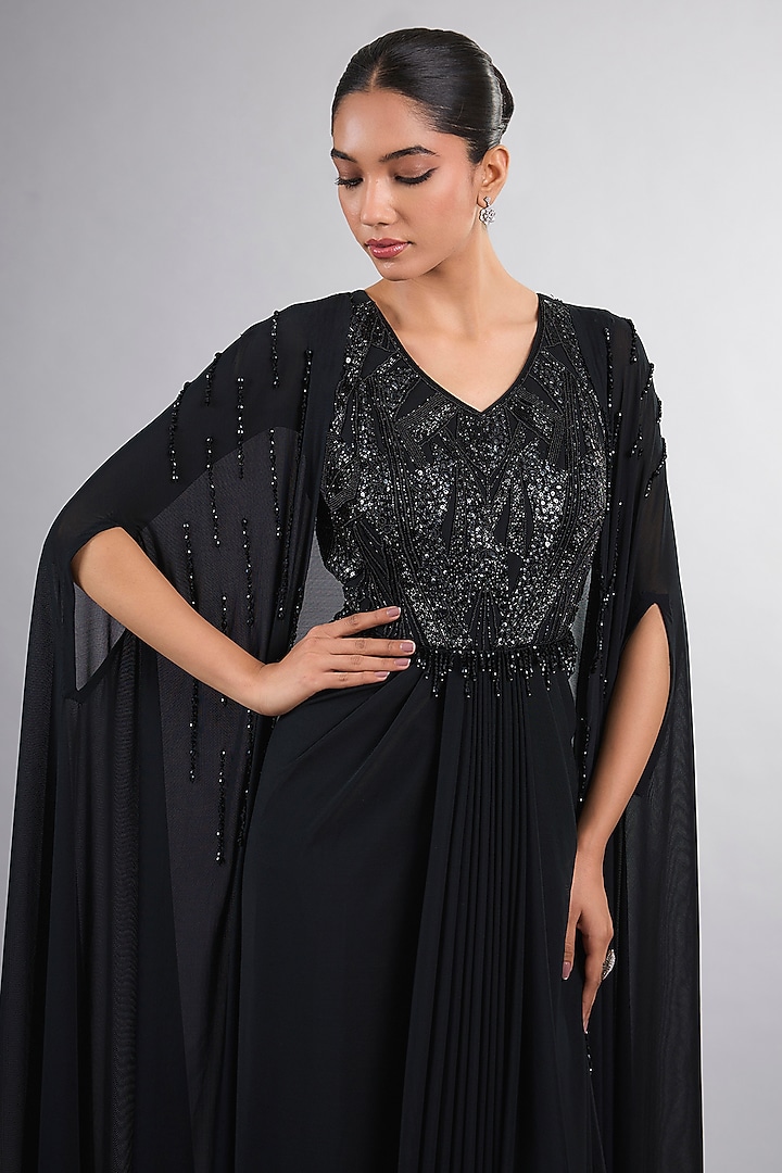 Black Net & Georgette Hand Embroidered Engagement Gown With Cape by Vedika Soni at Pernia's Pop Up Shop