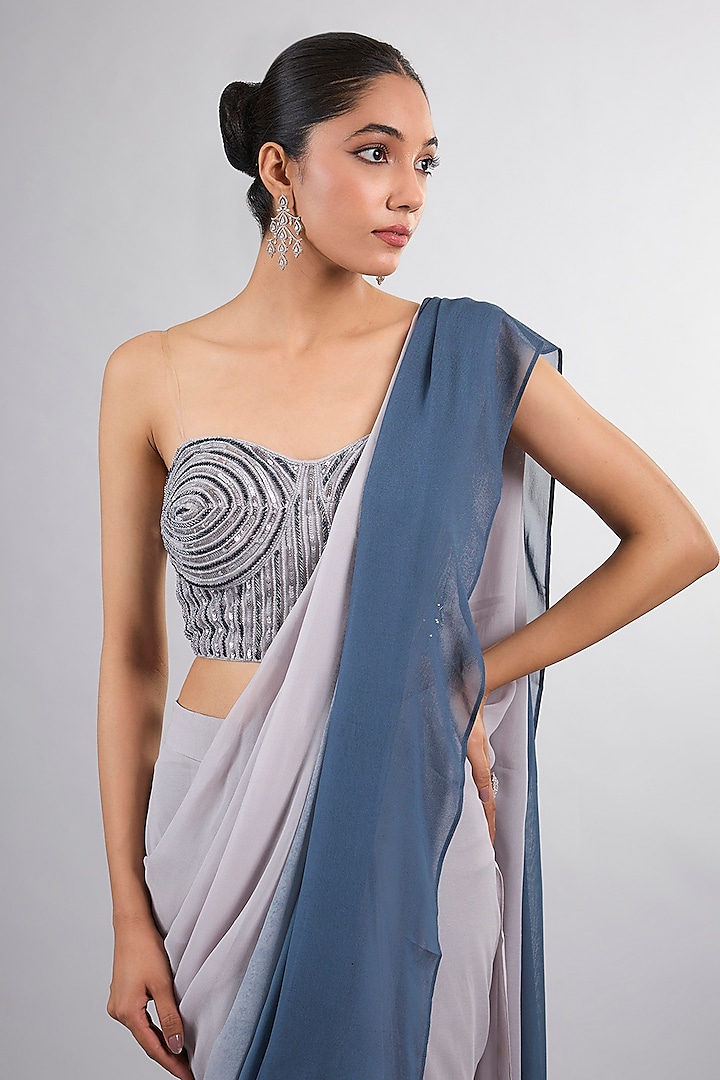 Grey Georgette & Net Ombre Party Wear Saree Set by Vedika Soni at Pernia's Pop Up Shop