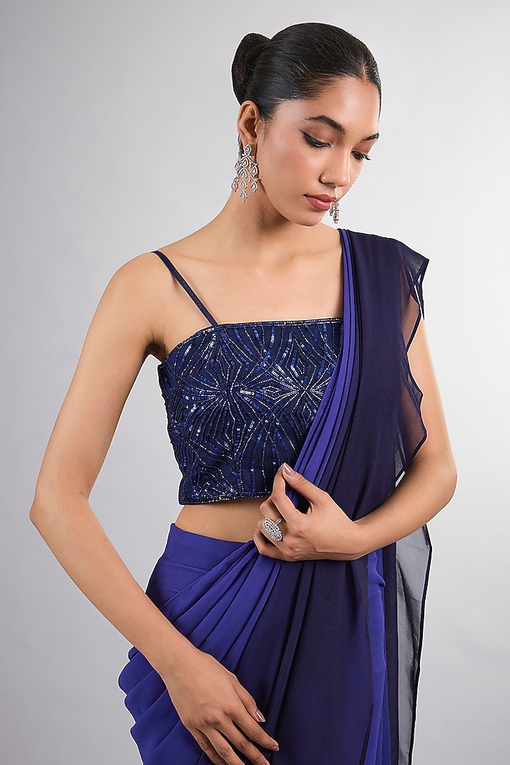 Violet Ombre Georgette & Net Party Wear Saree Set by Vedika Soni at Pernia's Pop Up Shop