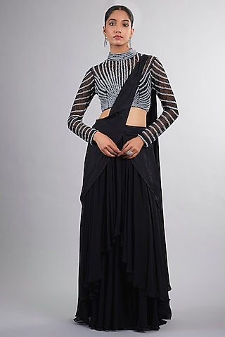 Black Georgette Saree Set by Vedika Soni