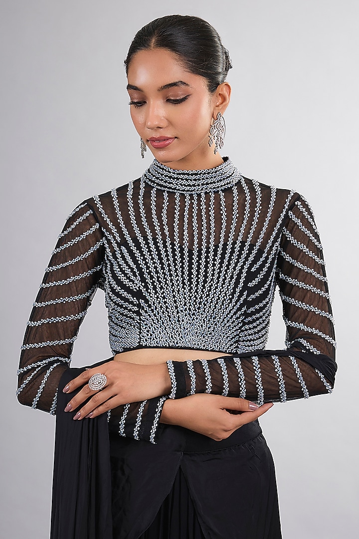Black Georgette Party Wear Saree Set by Vedika Soni at Pernia's Pop Up Shop