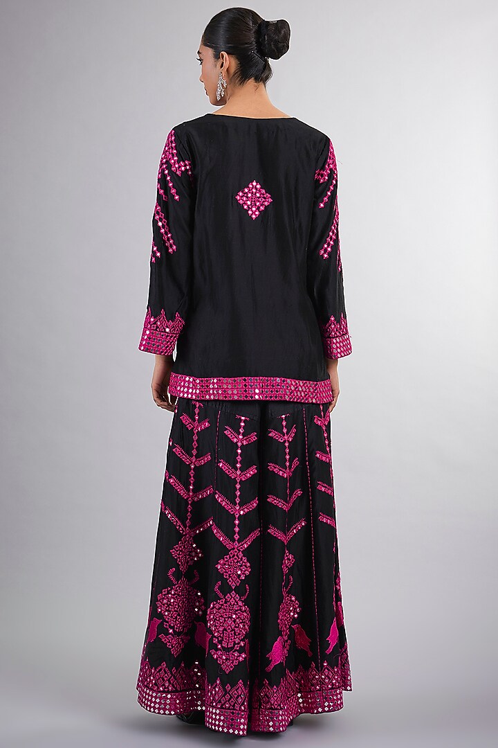 Black Chanderi Hand & Machine Embroidered Wedding Sharara Set by Vedika Soni at Pernia's Pop Up Shop
