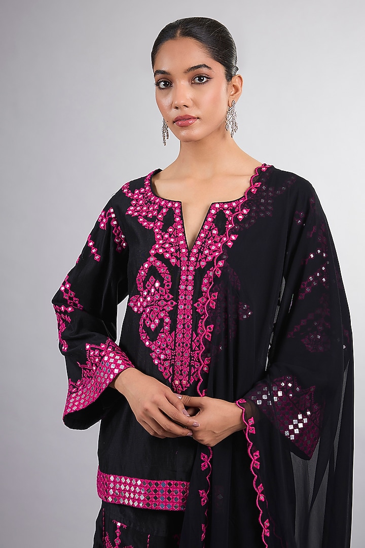 Black Chanderi Hand & Machine Embroidered Wedding Sharara Set by Vedika Soni at Pernia's Pop Up Shop