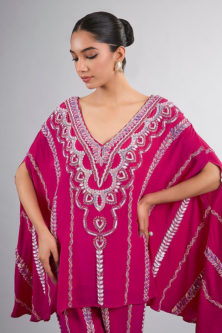 Pink Crepe Hand Embroidered Kaftan Set by Vedika Soni at Pernia's Pop Up Shop