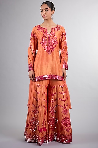 Orange Chanderi Hand & Machine Embroidered Sharara Set by Vedika Soni