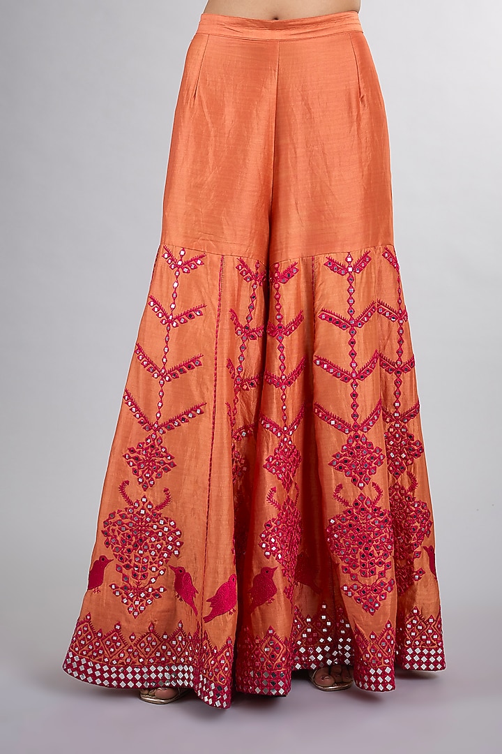 Orange Chanderi Hand & Machine Embroidered Wedding Sharara Set by Vedika Soni at Pernia's Pop Up Shop