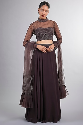 Brown Georgette Embroidered Lehenga Set by Vedika Soni