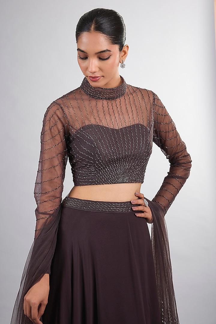 Brown Georgette Embroidered Lehenga Set by Vedika Soni at Pernia's Pop Up Shop