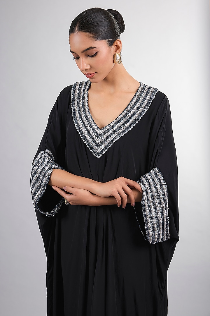 Black Crepe Hand Embroidered Kaftan by Vedika Soni at Pernia's Pop Up Shop