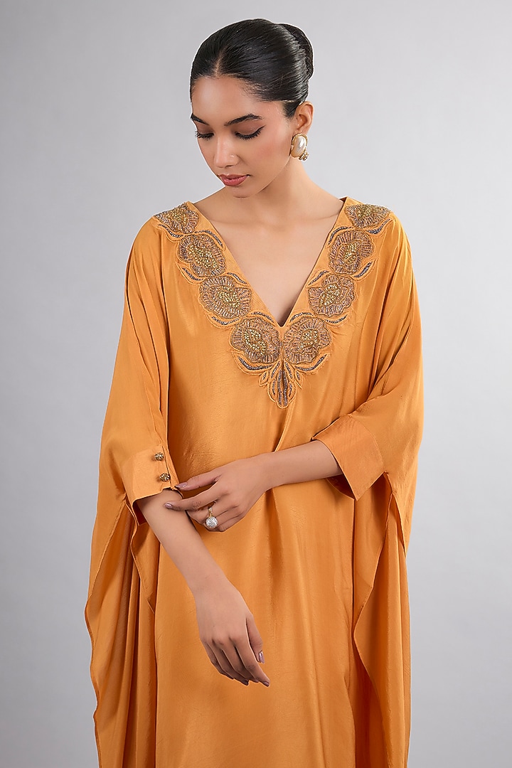 Orange Crepe Hand Embroidered Kaftan by Vedika Soni at Pernia's Pop Up Shop