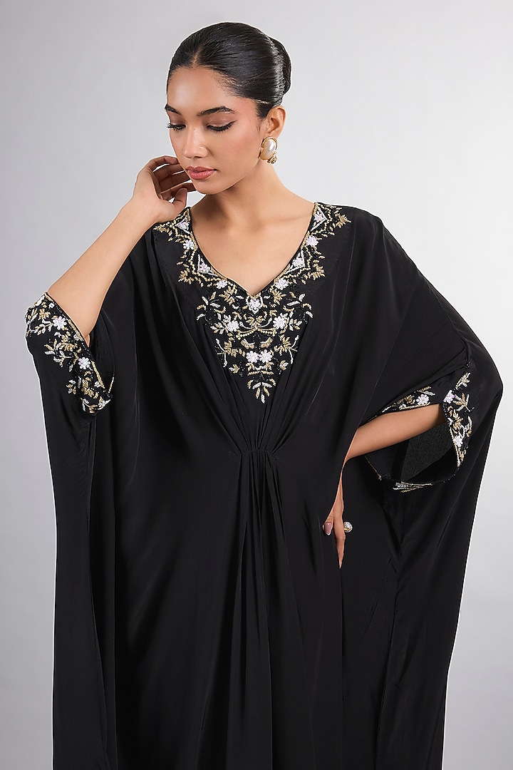 Black Crepe Hand Embroidered Kaftan by Vedika Soni at Pernia's Pop Up Shop
