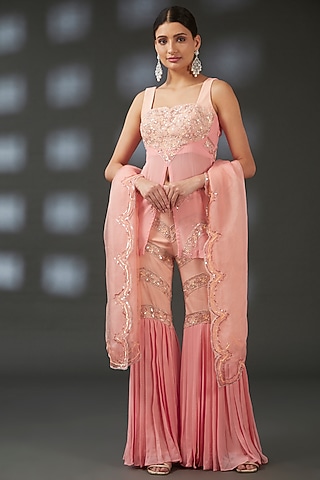 Peach Crepe & Georgette Hand Embroidered Sharara Set by Vedika Soni