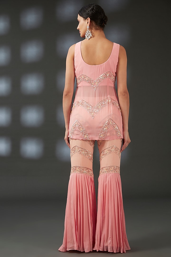 Peach Crepe & Georgette Hand Embroidered Wedding Sharara Set by Vedika Soni at Pernia's Pop Up Shop