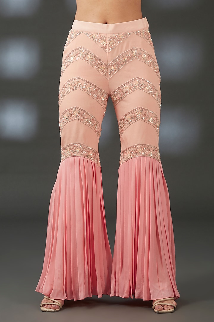 Peach Crepe & Georgette Hand Embroidered Wedding Sharara Set by Vedika Soni at Pernia's Pop Up Shop