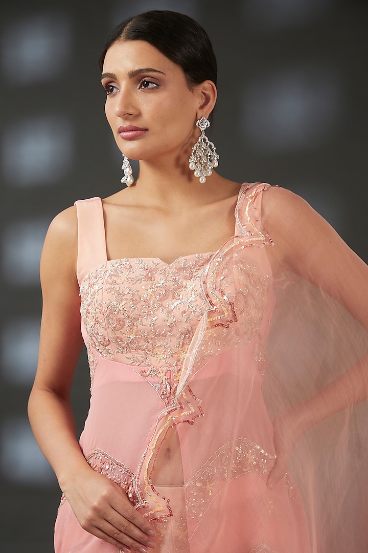 Peach Crepe & Georgette Hand Embroidered Wedding Sharara Set by Vedika Soni at Pernia's Pop Up Shop
