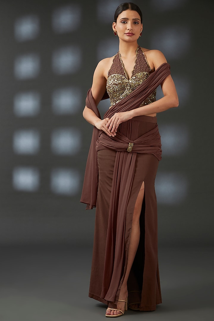 Brown Georgette Pre-Stitched Party Wear Saree Set by Vedika Soni at Pernia's Pop Up Shop