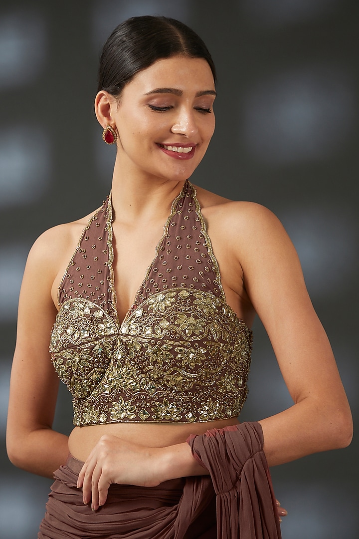 Brown Georgette Pre-Stitched Party Wear Saree Set by Vedika Soni at Pernia's Pop Up Shop
