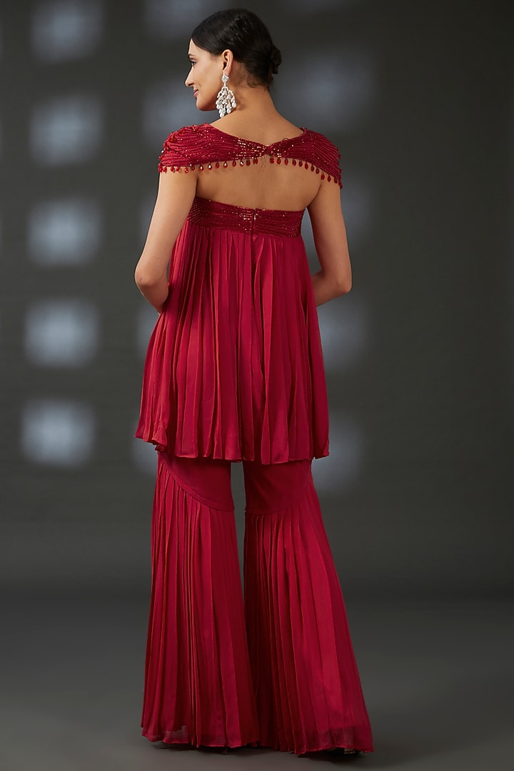 Red Georgette Party Wear Sharara Set by Vedika Soni at Pernia's Pop Up Shop