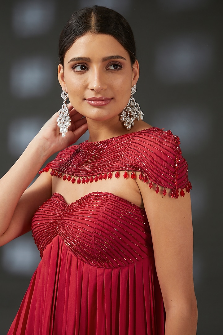 Red Georgette Party Wear Sharara Set by Vedika Soni at Pernia's Pop Up Shop