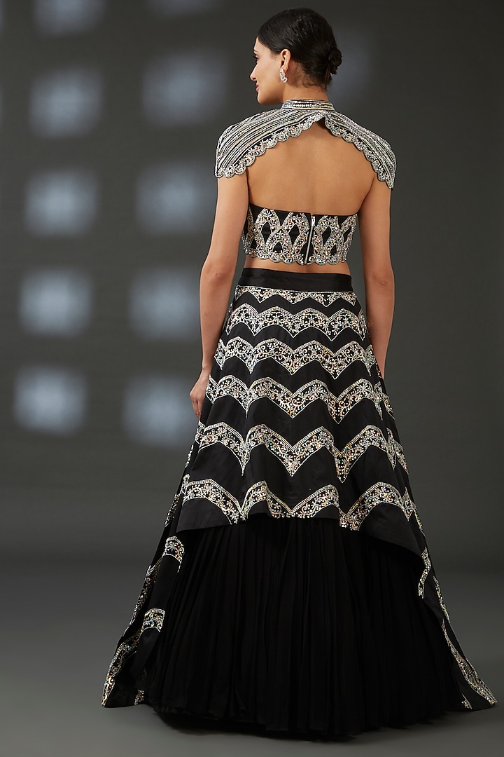 Black Silk & Georgette Hand Embroidered Wedding Lehenga Set by Vedika Soni at Pernia's Pop Up Shop