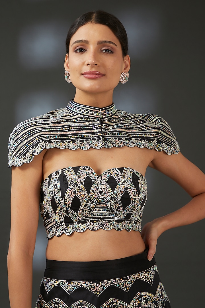 Black Silk & Georgette Hand Embroidered Wedding Lehenga Set by Vedika Soni at Pernia's Pop Up Shop