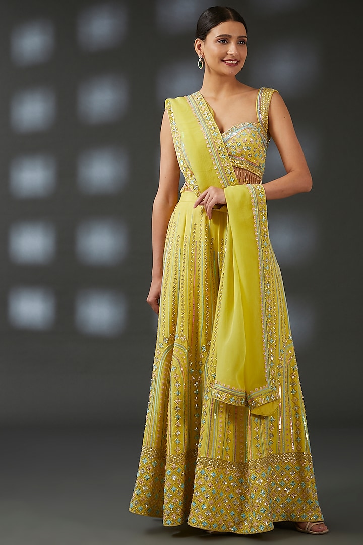 Yellow Crepe Embroidered Sharara Set by Vedika Soni at Pernia's Pop Up Shop