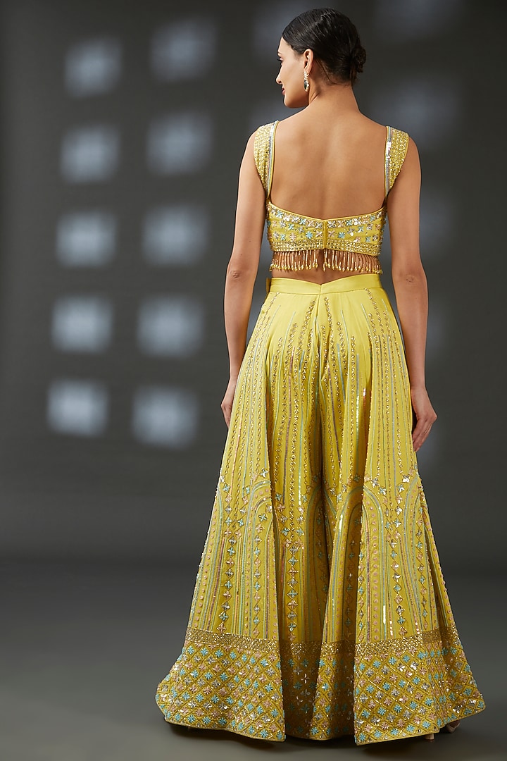 Yellow Crepe Embroidered Bridal Sharara Set by Vedika Soni at Pernia's Pop Up Shop