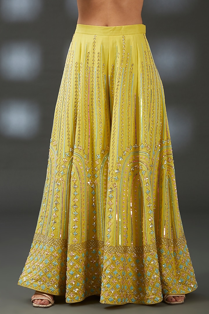 Yellow Crepe Embroidered Bridal Sharara Set by Vedika Soni at Pernia's Pop Up Shop