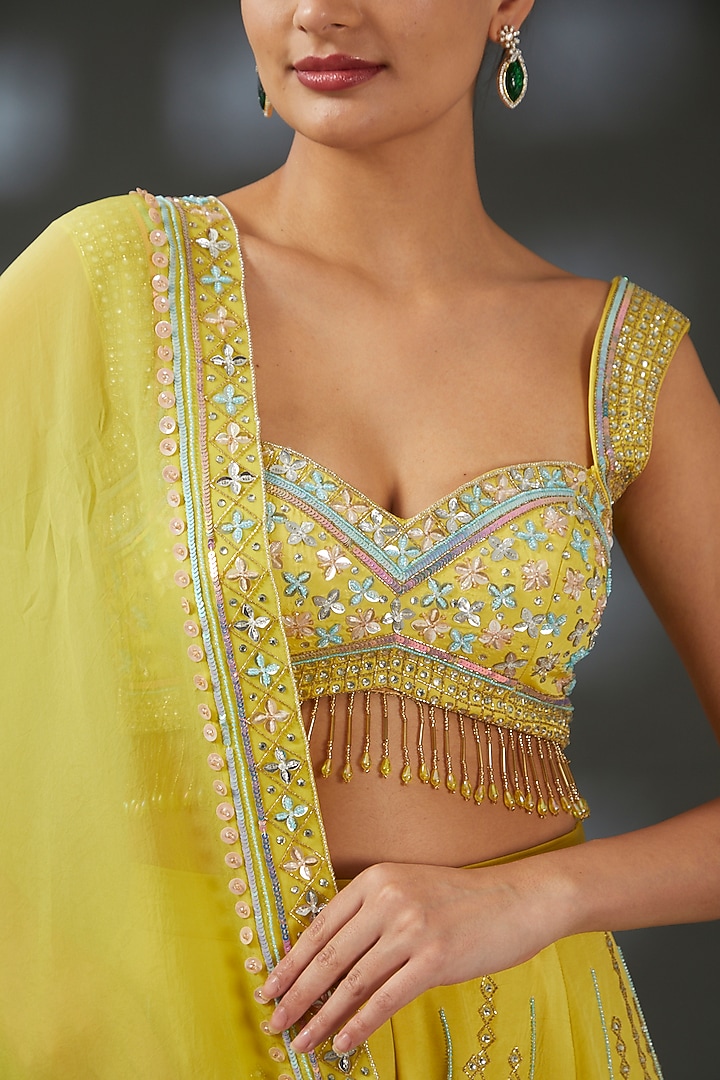 Yellow Crepe Embroidered Bridal Sharara Set by Vedika Soni at Pernia's Pop Up Shop