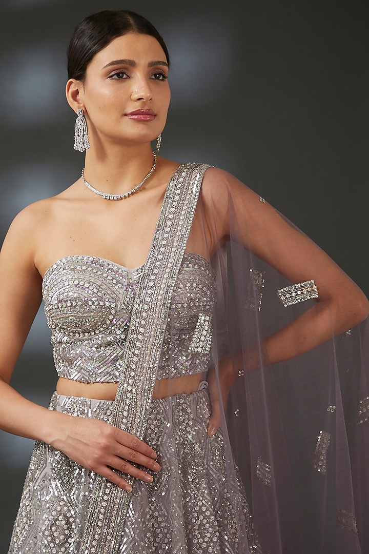 Purple Net & Crepe Hand Embroidered Wedding Lehenga Set by Vedika Soni at Pernia's Pop Up Shop