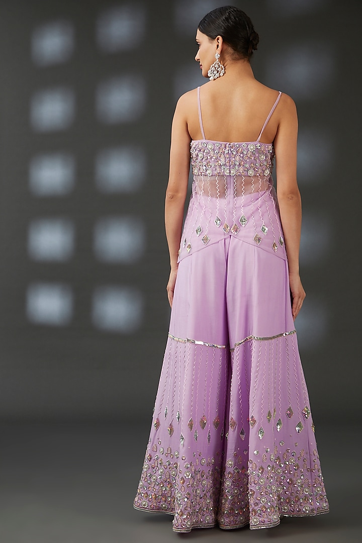 Lilac Crepe & Net Hand Embroidered Bridal Sharara Set by Vedika Soni at Pernia's Pop Up Shop