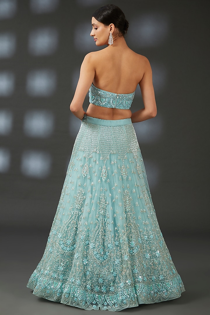 Light Blue Net Hand Embroidered Wedding Lehenga Set by Vedika Soni at Pernia's Pop Up Shop