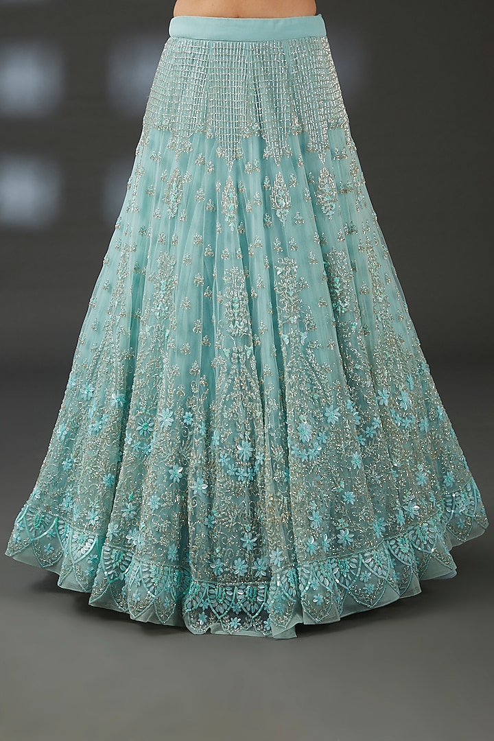 Light Blue Net Hand Embroidered Wedding Lehenga Set by Vedika Soni at Pernia's Pop Up Shop