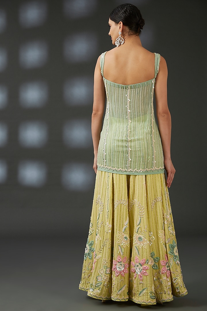 Yellow Crepe Embroidered Bridal Sharara Set by Vedika Soni at Pernia's Pop Up Shop