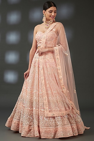 Peach Net & Crepe Hand Embroidered Lehenga Set by Vedika Soni