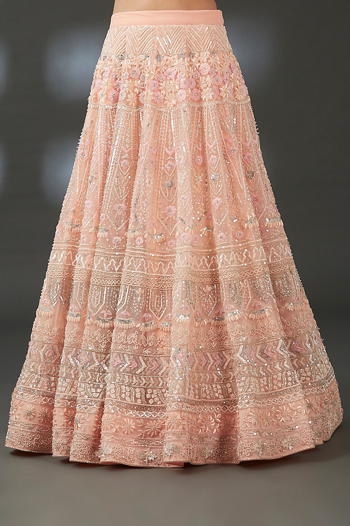 Peach Net & Crepe Hand Embroidered Wedding Lehenga Set by Vedika Soni at Pernia's Pop Up Shop